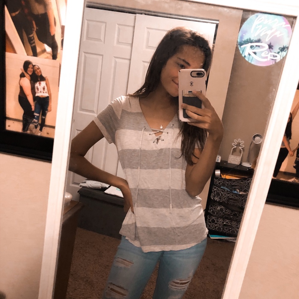 grey and white striped top